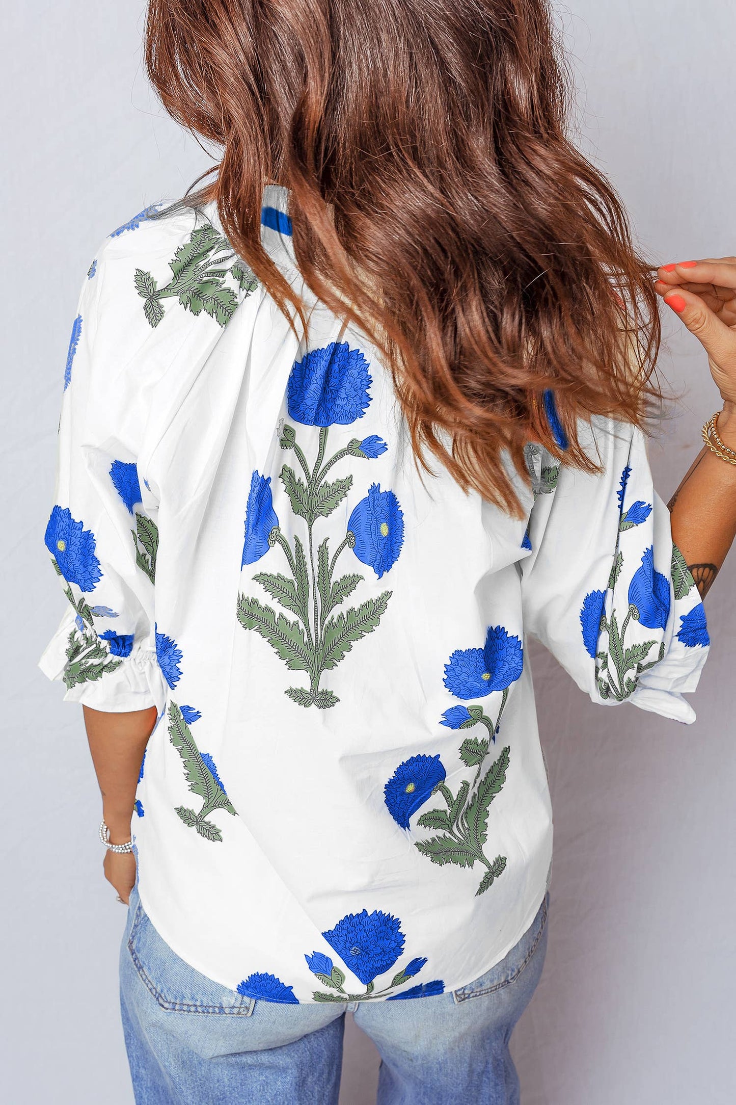 Floral V Neck 3/4 Sleeve Blouse