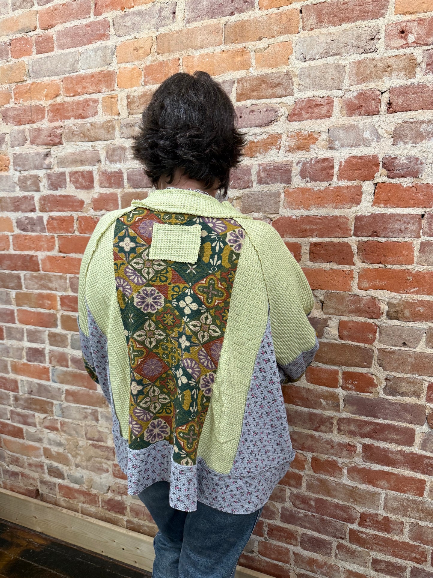 Spit Neck Multi Tea Green Printed Contrast Thermal Knit Top