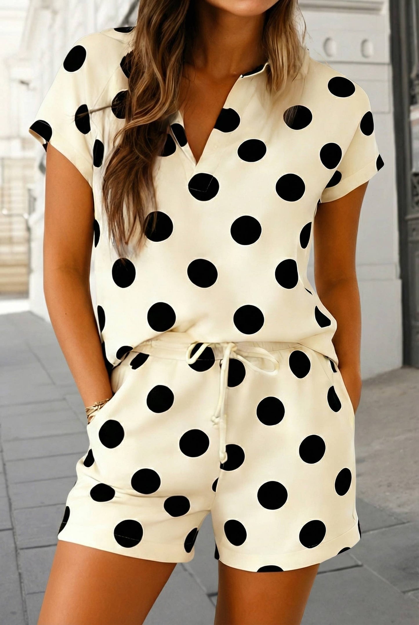 Polka Dot V Neck 2pcs Shorts Set | Beige