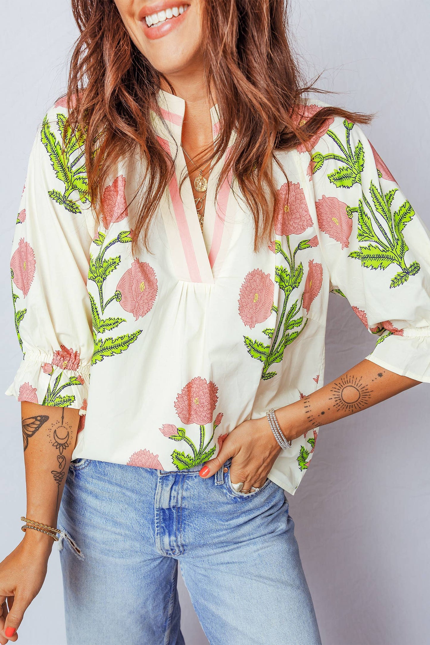 Floral V Neck 3/4 Sleeve Blouse