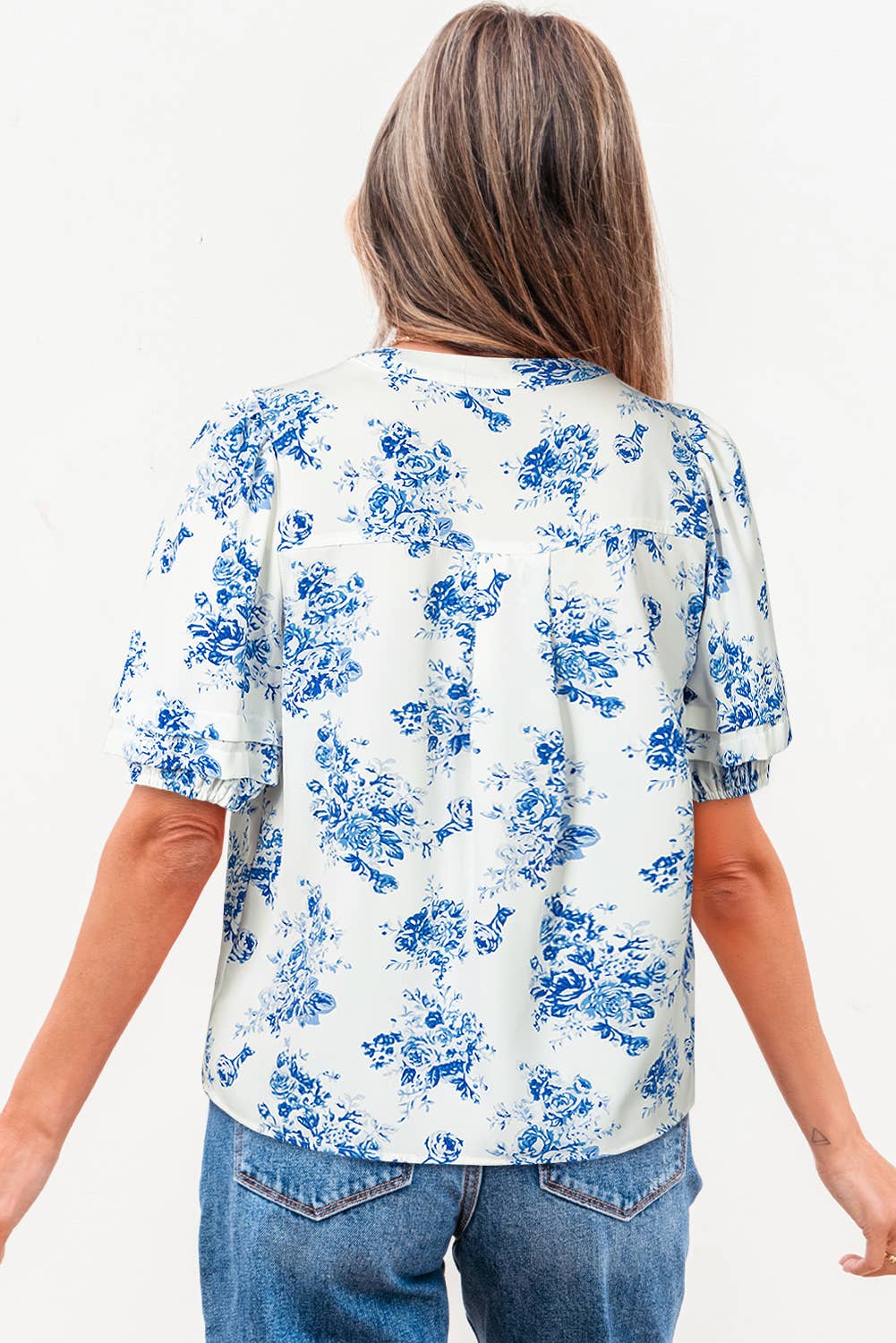 BOHO Floral Pleated Puff Sleeve Button Up Shirt