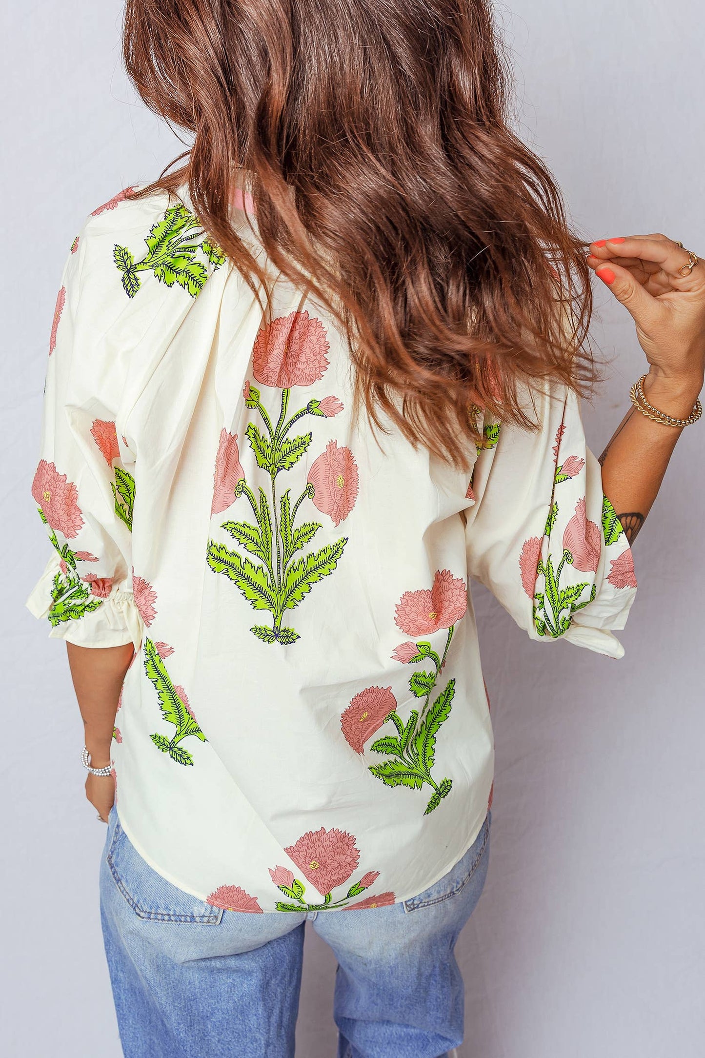 Floral V Neck 3/4 Sleeve Blouse