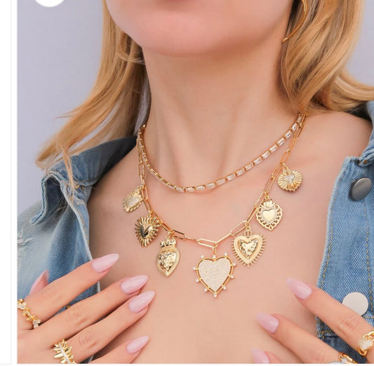 AN088 14 K Gold Filled Hearts Charm Necklace