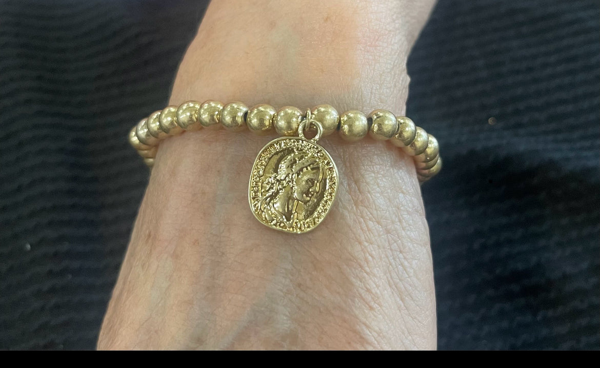 Gold  Coin Beaded Stretch Bracelet BJ6595