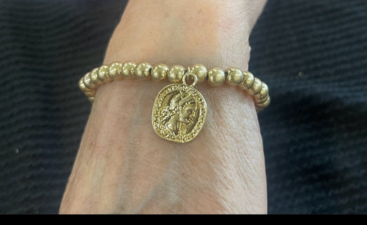Gold  Coin Beaded Stretch Bracelet BJ6595