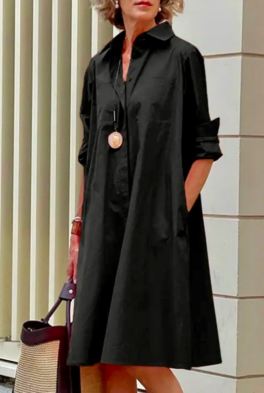 Ninexis Paris Classic Collared A-Line Dress with Pockets – Black | La Tour Salon of Paris