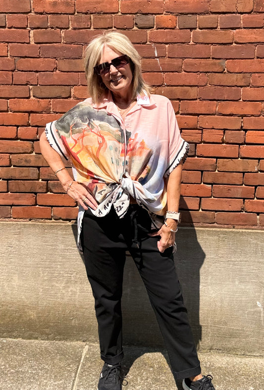 Yolly Oversizes Button up Shirt with Italy scene 1040
