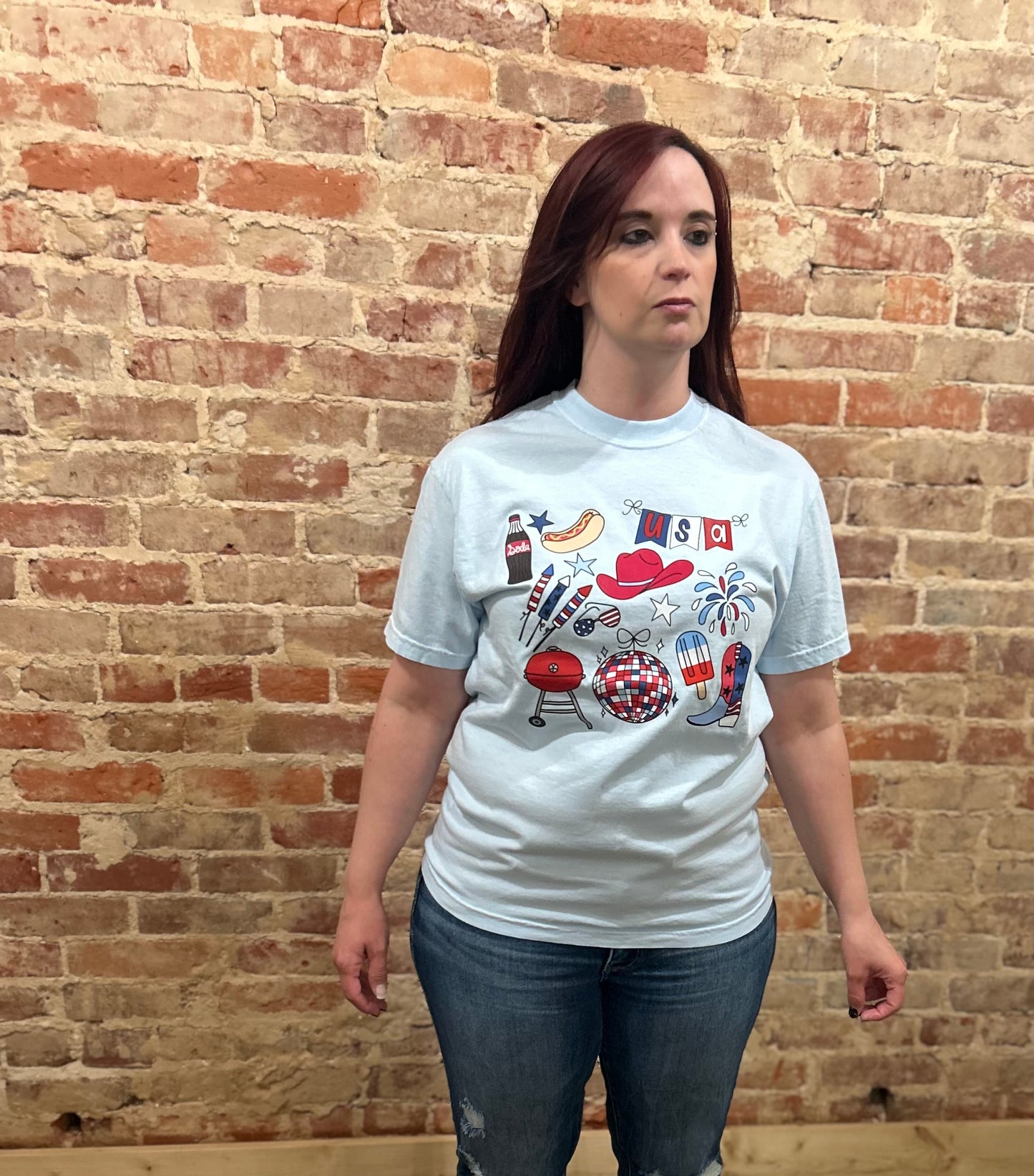 short sleeve t shirt light blue USA for Memorial Day and 4th of July