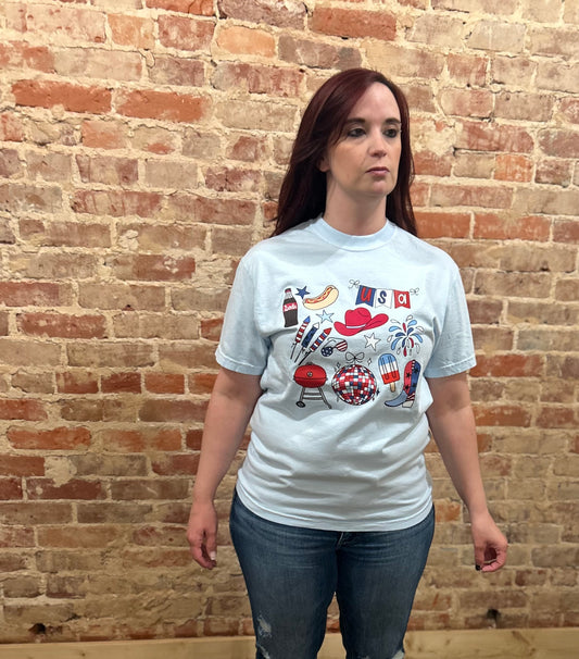 short sleeve t shirt light blue USA for Memorial Day and 4th of July