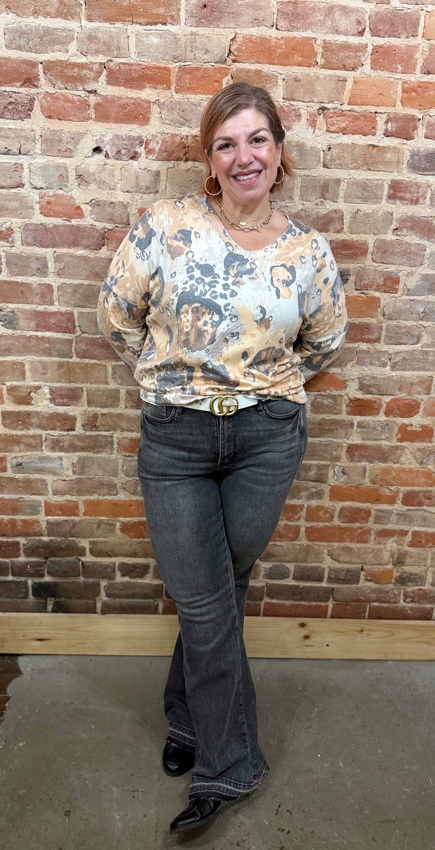 Yolly Cream & Taupe Abstract Leopard Sweater PM017 – La Tour Salon of Paris