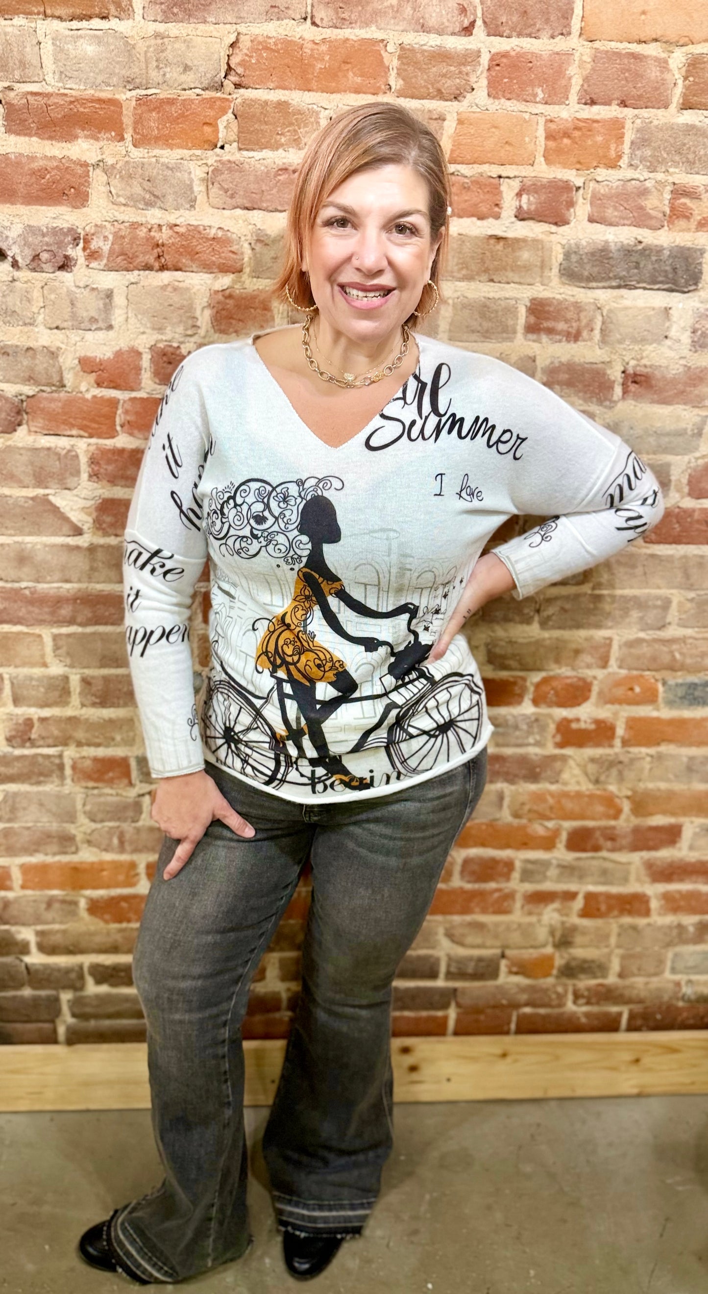 Yolly White Sweater with Bicycle - La Tour Salon of Paris