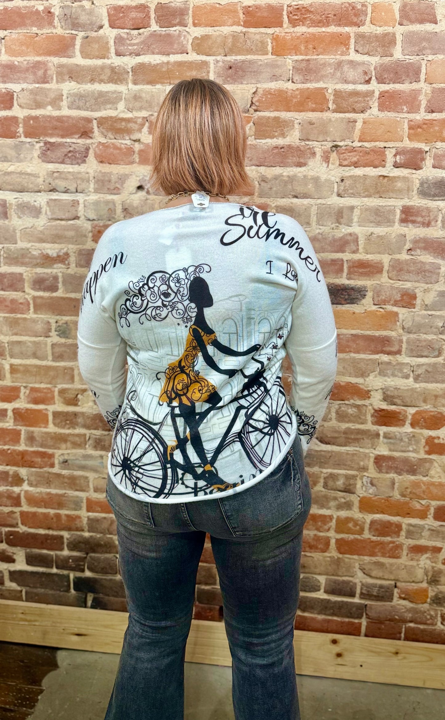 Yolly White Sweater with Bicycle - La Tour Salon of Paris