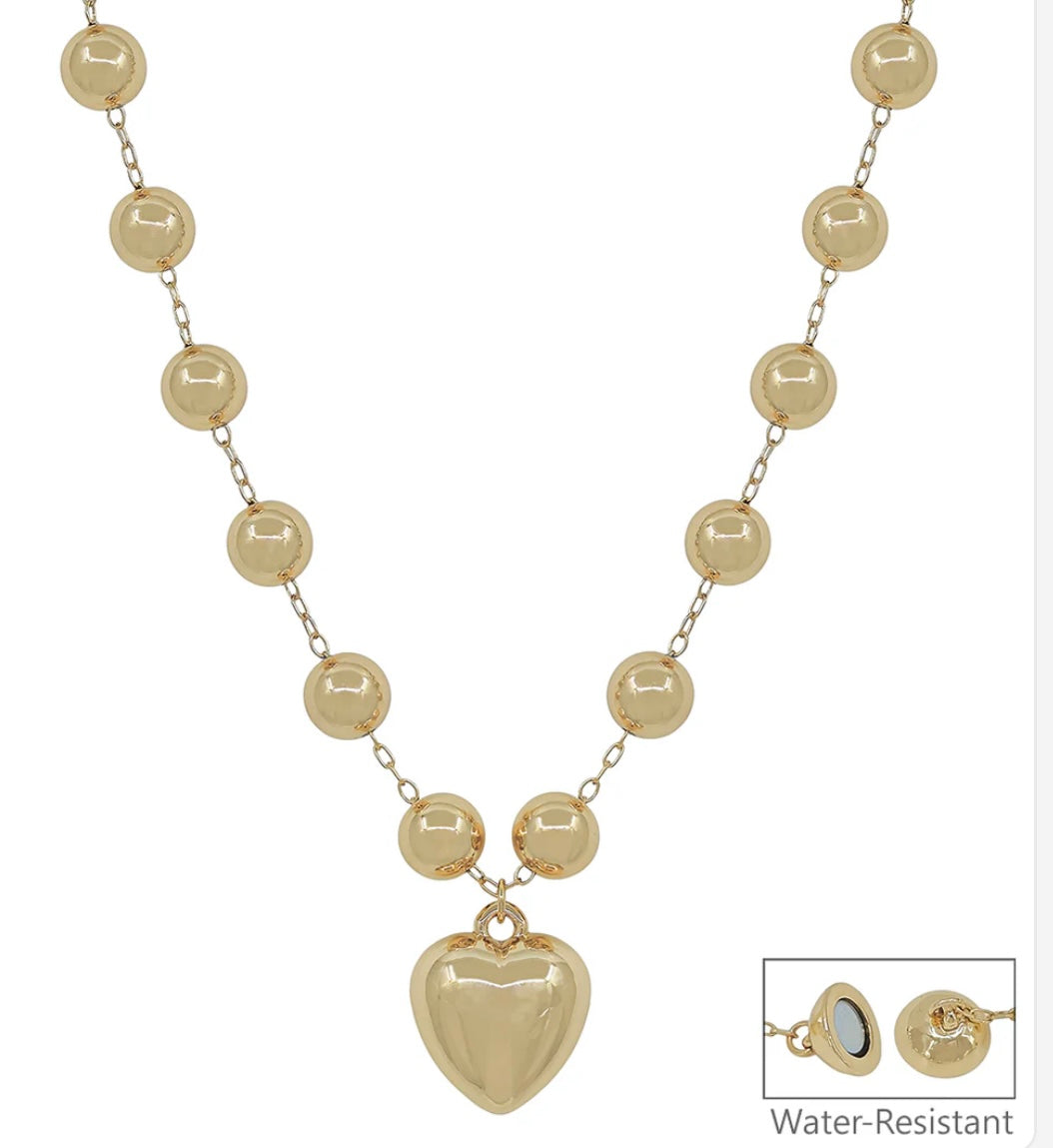 MNE1696GD Gold 10mm Beaded with 20mm Puffy Heart 18"  water resistant