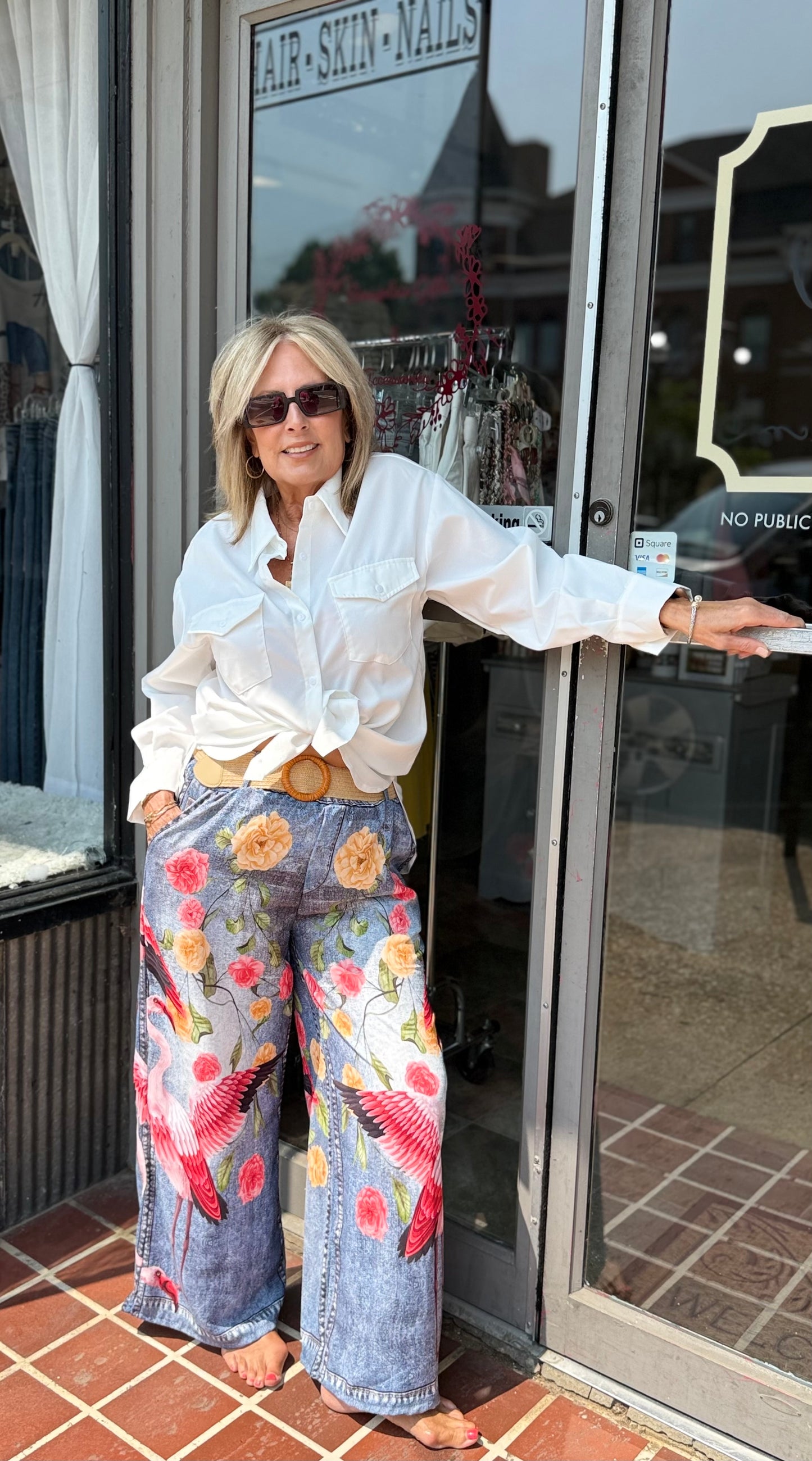 flamingo Palazzo Pants with Flowers