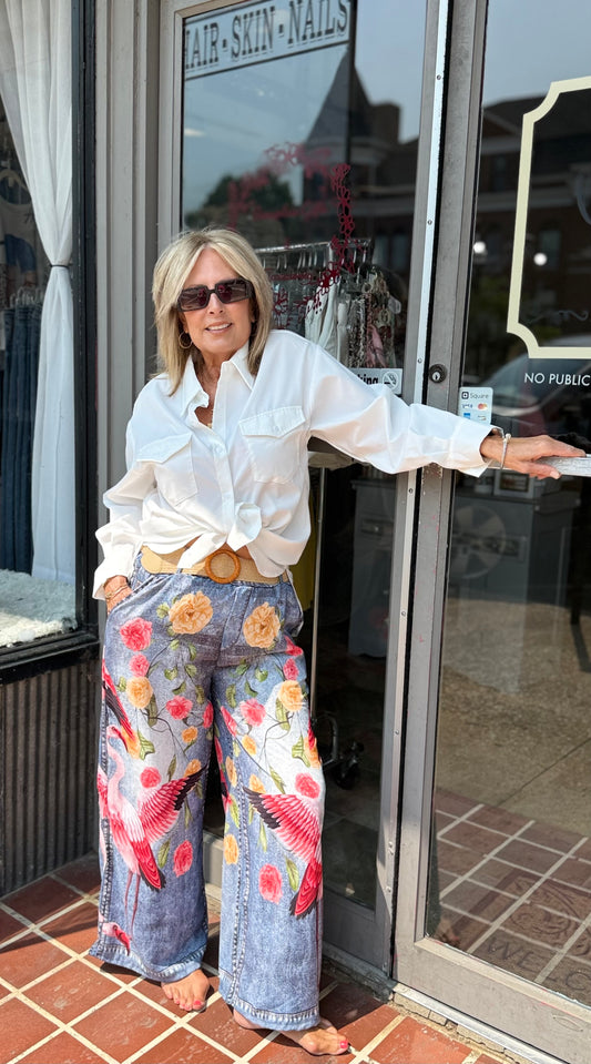 flamingo Palazzo Pants with Flowers