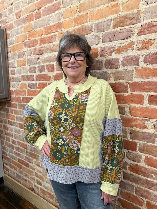 POL122 Oversized Thermal Long Sleeve Top with Flowers and Patch Work - La Tour Salon of Paris Boutique