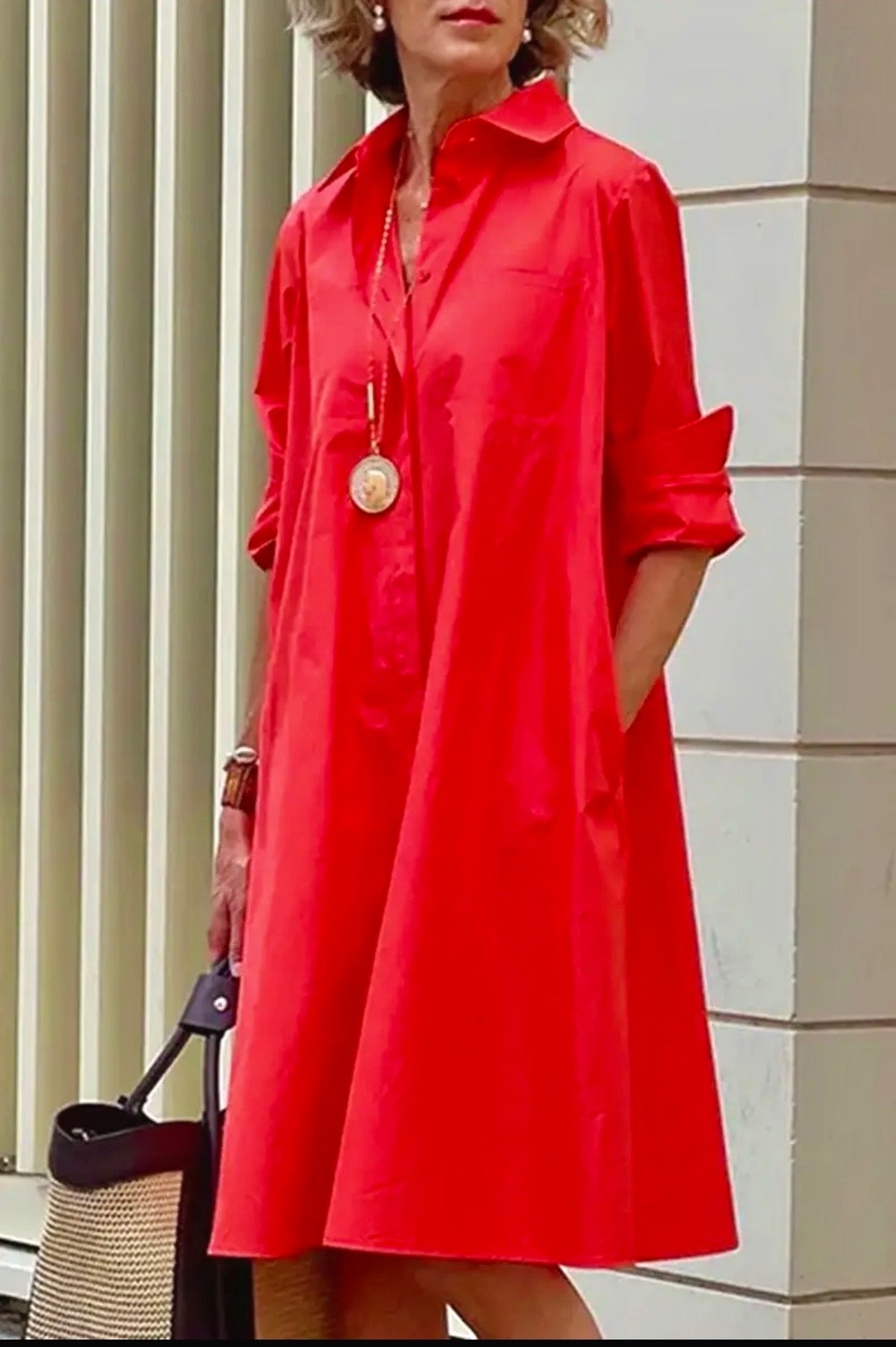 Ninexis Paris Classic Collared A-Line Dress with Pockets – Red