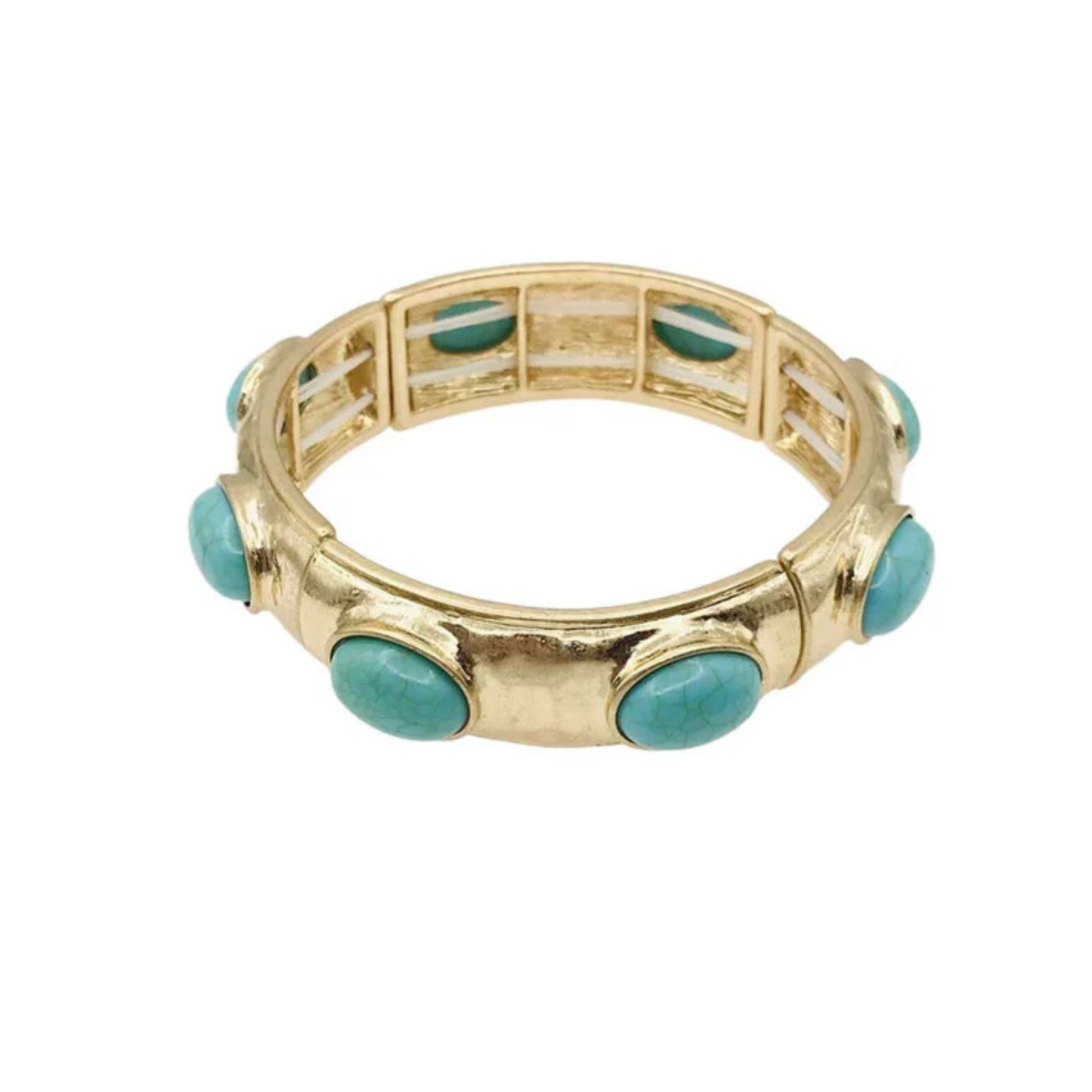 Turquoise Oval Stone on Hammered Gold Stretch Bracelet