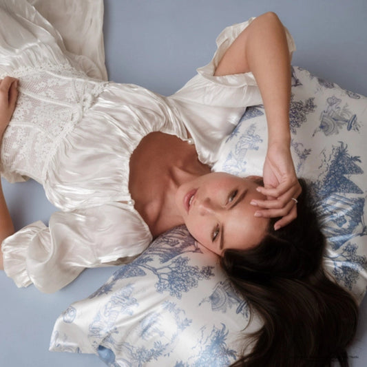 Bridgerton x Kitsch Satin Pillowcase – Garden Toile Blue