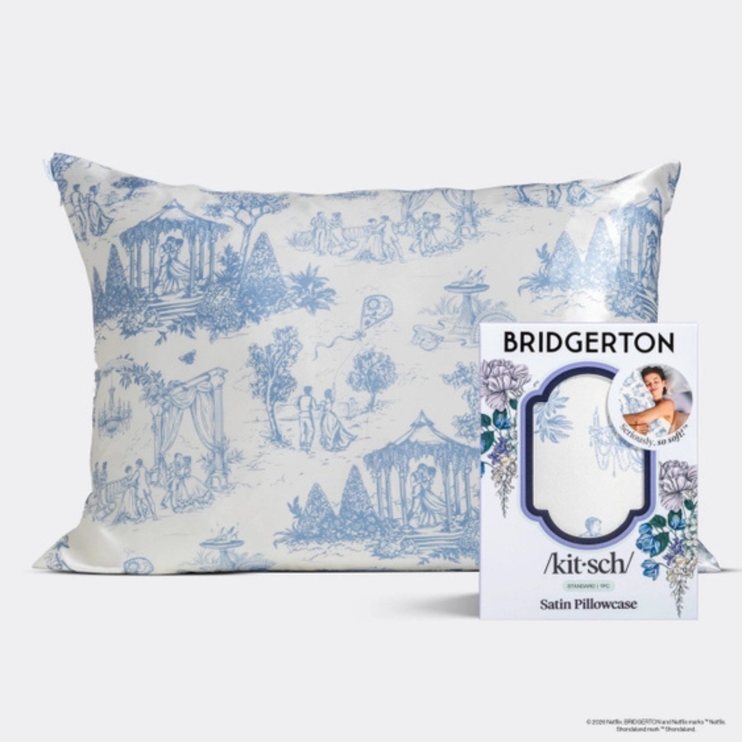Bridgerton x Kitsch Satin Pillowcase – Garden Toile Blue