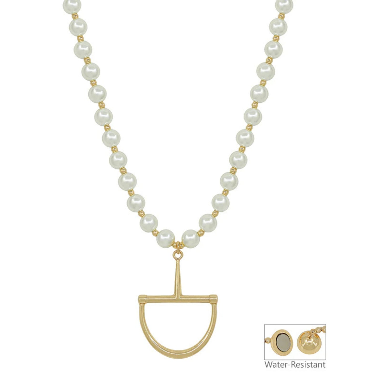 Water Resistant Pearl Necklace with Gold Horsebit Charm | 18"