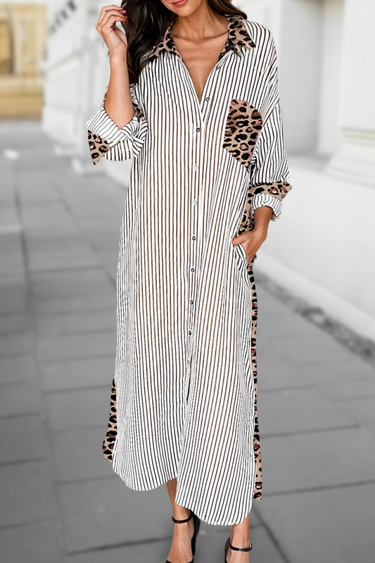 Stripe Leopard Patchwork Long Shirt Dress | S-XL