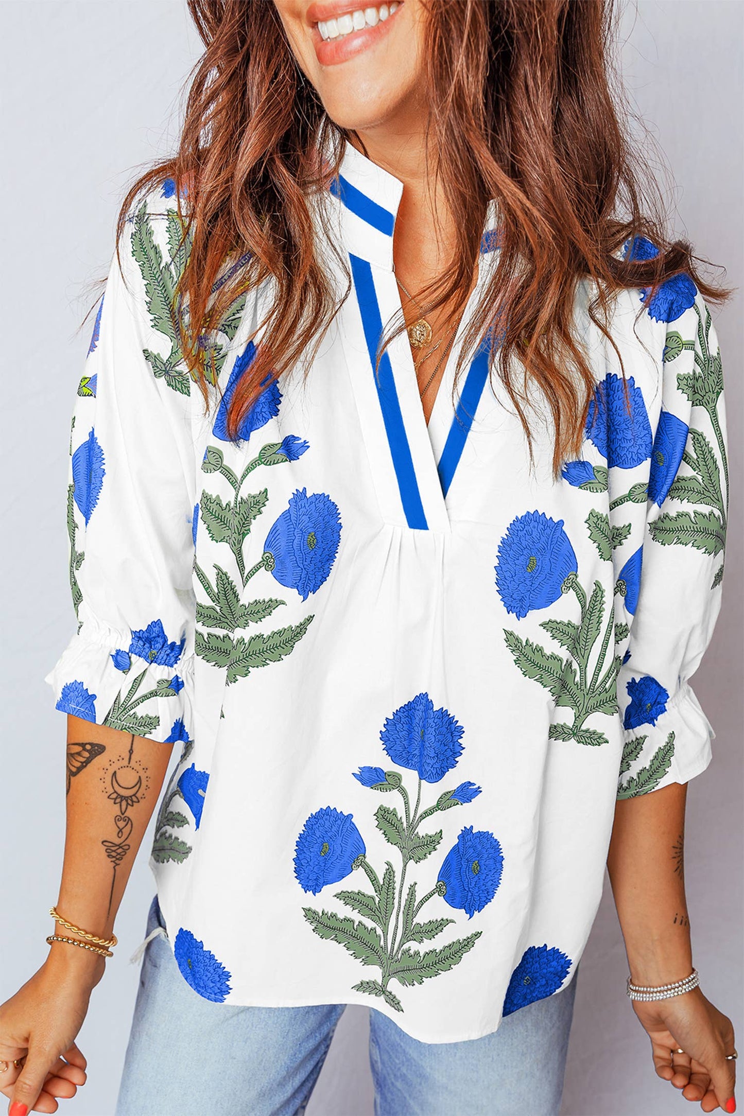 Floral V Neck 3/4 Sleeve Blouse