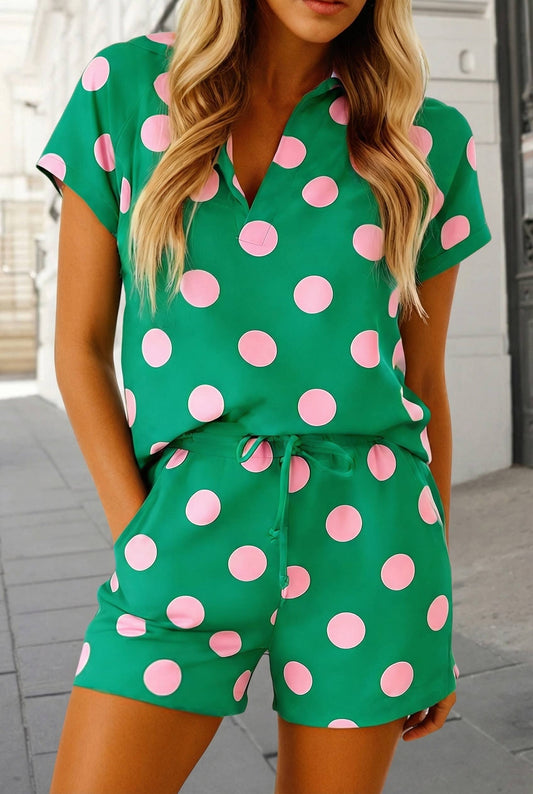 Polka Dot V Neck 2pcs Shorts Set | Green