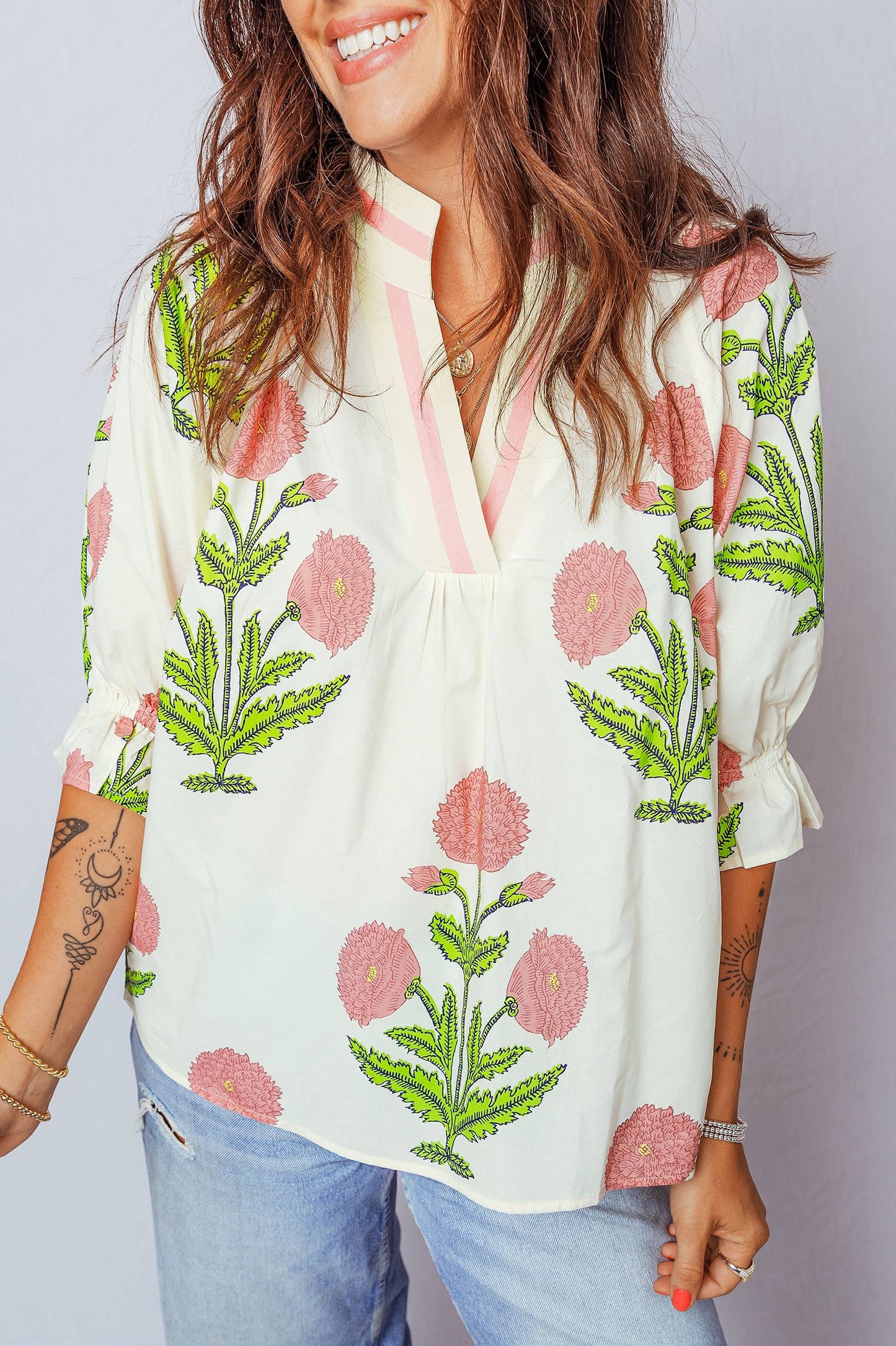 Floral V Neck 3/4 Sleeve Blouse