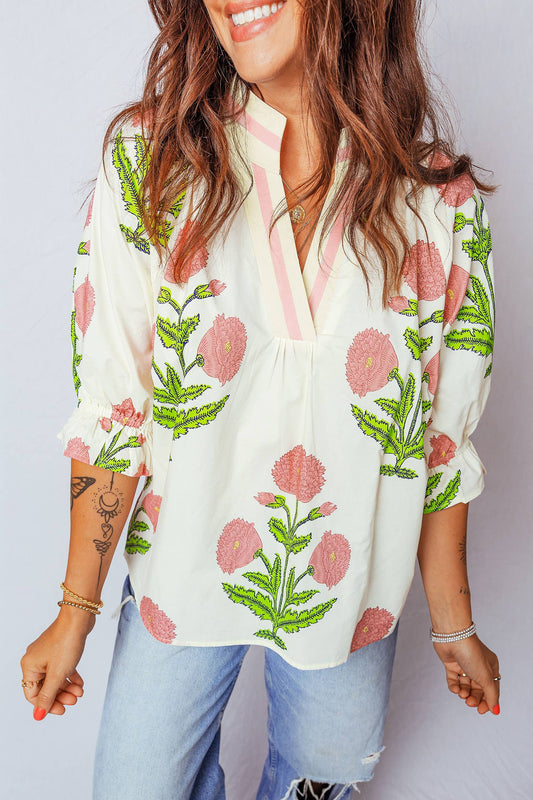 Floral V Neck 3/4 Sleeve Blouse