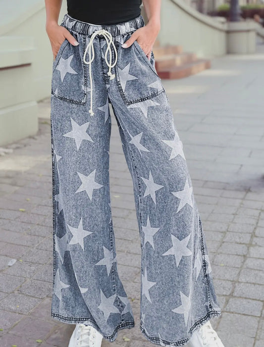 light denim drawstring stars pants