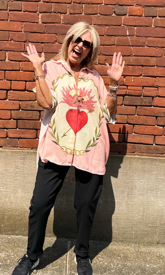 Yolly Oversized Buttom up Short Sleeves With Heart on the back