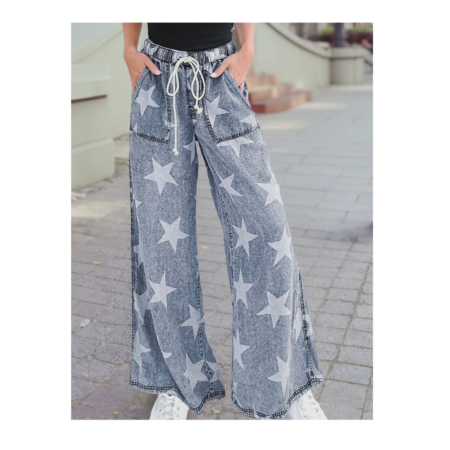 Light Denim Star Pants with Drawstring and Stars Design